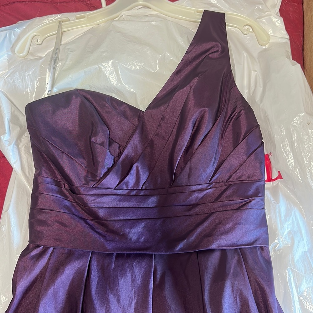 Short, dark purple, single-strap prom dress, never worn, good condition, size 8